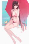  1girl aozaki_aoko barefoot bikini blue_eyes breasts brown_hair cleavage feet hair_between_eyes highres invisible_chair light_smile long_hair looking_at_viewer mahou_tsukai_no_yoru o_taku red_bikini red_umbrella rubber_duck sitting swimsuit toes type-moon umbrella underboob very_long_hair white_background 