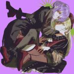  2girls amoris_(bang_dream!) bang_dream! bang_dream!_it's_mygo!!!!! beret black_capelet black_pantyhose black_socks blush capelet chinese_commentary closed_mouth commentary_request earrings green_hair hand_in_another's_hair hat highres jewelry long_hair long_sleeves mortis_(bang_dream!) mortis_(costume)_(bang_dream!) multiple_girls open_mouth pantyhose pink_eyes purple_background purple_hair red_hat red_shoes red_shorts red_thighhighs see-through_clothes see-through_sleeves shoes shorts simple_background socks sssakanaaa thighhighs wakaba_mutsumi yuri yuutenji_nyamu 