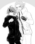  2boys :d ahoge alternate_costume aotsuki_eito blush breast_pocket commentary_request cowboy_shot drawstring glasses gloves greyscale hand_up hands_up highres jacket looking_at_another male_focus mokugyo100 monochrome multicolored_hair multiple_boys pants pocket short_hair smile streaked_hair sumino_takumi sweatdrop the_hundred_line_-last_defense_academy- two-tone_hair 