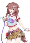  1girl :d absurdres animal_collar animal_ears arm_at_side belt bone_hair_ornament braid braided_twintails brown_eyes brown_hair brown_tail character_pin collar commentary_request contrapposto cowboy_shot dog_ears dog_girl dog_tail double-parted_bangs extra_ears fangs futo-inu hair_between_eyes hair_ornament hairclip highres holding holding_hose hololive hose hoso-inu inugami_korone inugami_korone_(holonatsu_paradise) legs_apart long_hair looking_at_viewer low_twin_braids low_twintails midriff miniskirt navel official_alternate_costume open_mouth parallel_hairclips paw_pendant pink_belt plaid_clothes plaid_skirt pleated_skirt print_shirt red_collar shirt shirt_overhang simple_background skirt smile solo studded_belt t-shirt tail tail_through_clothes transparent_background traveler_(artbbt) twin_braids twintails virtual_youtuber white_shirt wristband yellow_skirt 