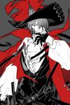  1boy animal_ears arknights arm_at_side belt cape cat_boy cat_ears cavalier_hat chinese_commentary collarbone collared_shirt commentary_request covered_mouth cowboy_shot cross-laced_clothes cross-laced_top ears_through_headwear eye_mask gloves grey_background greyscale half_gloves hand_up hat hat_feather high_collar highres holding holding_mask holding_sword holding_weapon infection_monitor_(arknights) long_sleeves looking_at_viewer male_focus mask material_growth monochrome official_alternate_costume oripathy_lesion_(arknights) pants partially_open_shirt phantom_(arknights) phantom_(focus)_(arknights) piaoliu_ping_ping_ping_pingzi puffy_long_sleeves puffy_sleeves red_cape shirt short_hair simple_background solo spot_color sword vest weapon yellow_eyes 