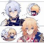  2boys ? antenna_hair arm_tattoo armlet armor black_choker black_coat black_shirt blonde_hair blue_eyes blush braid chest_tattoo chibi choker coat commentary_request earrings facial_tattoo gold_earrings gold_necklace gradient_hair highres honkai:_star_rail honkai_(series) hug jewelry male_focus medium_hair multicolored_hair multiple_boys mydei_(honkai:_star_rail) neck_tattoo necklace open_clothes open_coat parted_bangs pauldrons phainon_(honkai:_star_rail) red_hair red_tattoo shirt short_hair shoulder_armor side_braid single_pauldron spoken_character st_mf sun_symbol sun_tattoo sweatdrop tattoo white_coat white_hair yaoi yellow_eyes 