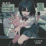  black_hair black_skirt black_socks bow bowtie commentary_request gameplay_mechanics green_eyes health_bar highres necktie original pixel_art red_bow red_bowtie school_uniform shirt short_hair skirt socks specialhanako white_shirt 