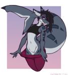 2026 andromorph anthro black_hair clothing clothing_pull crop_top dansharkman digital_drawing_(artwork) digital_media_(artwork) english_description fish genitals grey_body hair hair_over_eye hi_res intersex looking_at_viewer marine navel notched_ear presenting presenting_vulva red_eyes shark shark_tail sharp_teeth shirt solo teeth topwear trans_(lore) trans_man_(lore) vulva zane_(dansharkman)