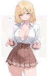  1girl absurdres blonde_hair blue_eyes bluefield bob_cut breasts brown_skirt cleavage closed_mouth collared_shirt commentary cowboy_shot dress_shirt grey_background hair_ornament heart high-waist_skirt highres hololive hololive_english large_breasts long_sleeves looking_at_viewer medium_hair miniskirt partially_unbuttoned plaid_clothes plaid_skirt pleated_skirt shirt shirt_tucked_in simple_background skirt smile solo spoken_heart symbol-only_commentary virtual_youtuber watson_amelia watson_amelia_(1st_costume) white_background white_shirt 