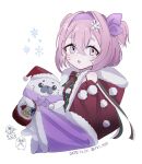  1girl animal arknights bell bow dated doraemon doraemon_(character) fur-trimmed_headwear fur_trim green_shirt hair_between_eyes hair_ribbon hairband hat highres hood hood_down jingle_bell neck_bell parted_lips pink_hair pokemon pokemon_(creature) pudding_(arknights) purple_eyes purple_hairband purple_ribbon red_bow red_hat ribbon roi_423 rowlet santa_hat seal_(animal) shirt short_eyebrows simple_background snowflakes solo thick_eyebrows twitter_username two_side_up upper_body white_background 