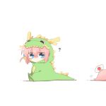  1girl ? animal_costume blue_eyes bocchi_the_rock! chibi chibi_only commentary_request cube_hair_ornament dragon_costume full_body gotoh_hitori gotoh_hitori_(tsuchinoko) hair_between_eyes hair_ornament hand_fan pink_hair rebecca_(keinelove) simple_background sitting white_background 