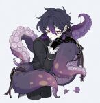  1boy absurdres black_gloves black_hair black_jacket black_pants collared_shirt cowboy_shot crn_sosaku double-parted_bangs formal_clothes frilled_sleeves frills gloves gradient_hair hair_between_eyes highres horizontal_pupils jacket leaning_on_object male_focus medium_hair multicolored_hair octopus_boy orange_eyes original pants parted_lips purple_hair ribbon shirt sideways_glance simple_background smile solo striped_clothes striped_vest tail tail_ornament tail_ribbon vest wavy_hair white_background white_shirt 