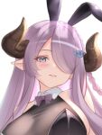  1girl akiyomi animal_ear_hairband animal_ears bare_shoulders black_leotard blue_eyes blush bow bowtie braid breasts brown_horns collar commentary_request fake_animal_ears granblue_fantasy hair_ornament hair_over_one_eye hairband halterneck highres horns large_breasts leotard long_hair looking_at_viewer narmaya_(granblue_fantasy) one_eye_covered parted_lips pink_bow pink_bowtie pink_hair playboy_bunny pointy_ears portrait rabbit_ear_hairband rabbit_ears sheep_horns sideboob simple_background smile solo white_background white_collar wing_collar 