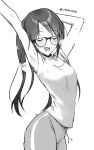  1girl arched_back armpits arms_up blush breasts closed_eyes commentary_request cowboy_shot gam7ma glasses greyscale highres idolmaster idolmaster_shiny_colors long_hair mitsumine_yuika monochrome open_mouth pants shirt simple_background solo standing steam sweatpants twintails twitter_username white_background 
