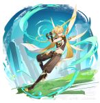  1boy aether_(genshin_impact) black_boots black_gloves blonde_hair boots braid braided_ponytail brown_pants brown_shirt cropped_shirt full_body genshin_impact gloves gold_trim highres holding holding_sword holding_weapon liya01037 long_hair midriff navel pants scarf shirt single_braid solo sword vambraces weapon white_scarf wings yellow_eyes 