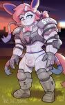 absurd_res american_football anthro bulge clothed clothing eeveelution fur generation_6_pokemon hair hi_res long_ears looking_at_viewer male muscular muscular_anthro muscular_male nintendo pecs pink_body pink_fur pokemon pokemon_(species) solo sport sportswear sylveon tail tass_the_bovine underwear white_body white_fur