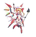  1girl absurdres alternate_costume alternate_headwear alternate_wings arm_up ascot beret black_gloves blonde_hair blush boots breasts commentary_request detached_wings fingerless_gloves flandre_scarlet full_body gloves grin groin hat highres holding holding_weapon laevatein_(touhou) large_variant_set mechanical_wings moaikeidai2 multicolored_wings navel one_side_up red_boots red_eyes science_fiction shaded_face small_breasts smile solo tachi-e thigh_boots touhou transparent_background v-shaped_eyebrows variant_set weapon white_hat wings yellow_ascot 