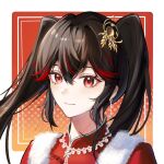  1girl alternate_costume black_hair chinese_clothes chinese_commentary close-up commentary_request earrings fur_trim hair_between_eyes hair_ornament jewelry long_hair looking_at_viewer lucia_(pgr) multicolored_hair portrait punishing:_gray_raven red_eyes red_streaks smile solo twintails two-tone_hair wence 