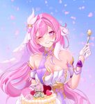  1girl ;) bare_shoulders blue_sky breasts bumblebeelin_ng cake cleavage commentary corset diamond-shaped_pupils diamond_(shape) elf elysia_(herrscher_of_human:_ego)_(honkai_impact) elysia_(honkai_impact) falling_petals food fork gloves highres holding holding_fork honkai_(series) honkai_impact_3rd large_breasts long_hair looking_at_viewer multicolored_hair one_eye_closed petals pink_hair pink_petals pointy_ears purple_eyes sky smile solo symbol-shaped_pupils triquetra two-tone_hair veil very_long_hair white_corset white_gloves white_hair white_veil 