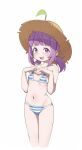  1girl :3 :d bare_arms bare_shoulders bikini blue_bikini blunt_bangs blush commentary cropped_legs flat_chest hands_up hat highres legs_together long_hair looking_at_viewer low_ponytail navel onion_(tamanegi) original ponytail purple_eyes purple_hair raised_eyebrows short_ponytail simple_background smile solo standing straight_hair straw_hat striped_bikini striped_clothes swimsuit symbol-only_commentary tearing_up teeth upper_teeth_only white_background 