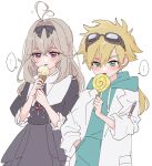  ... 1boy 1girl ahoge aqua_hoodie black_dress blonde_hair brown_hair candy commentary_request dress food goggles goggles_on_head green_eyes hair_between_eyes hair_intakes hairband highres hood hood_down hoodie ice_cream jacket jett_(human)_(precure) lemonade_cn lollipop long_hair low_ponytail meitantei_precure! moria_luluka ponytail precure purple_eyes simple_background spoken_ellipsis tongue tongue_out upper_body white_background white_jacket 