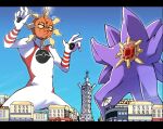  absurdres akiharu_(5ppmzsdzqj) blue_sky city commentary_request day giant highres letterboxed lumiose_city mega_starmie non-circular_lens_flare parody pokemon pokemon_(creature) pokemon_legends:_z-a prism_tower satellite_dish sky solrock starmie ultra_series 