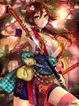  arm_guards armband bandages breasts brown_eyes brown_hair cleavage floral_print hair_ornament inaba_ittetsu_(sengoku_saga) japanese_clothes katana large_breasts lips obi pisuke ponytail pouch sash sengoku_saga sheath short_hair sidelocks solo sword tree unsheathing weapon 