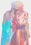  2boys antenna_hair arm_tattoo armlet armor back_tattoo black_choker black_coat black_shirt blonde_hair blue_cape cape choker clawed_gauntlets coat commentary earrings from_behind gold_earrings gold_necklace gradient_hair hand_on_another's_waist highres honkai:_star_rail honkai_(series) jewelry kiss lii_litus male_focus medium_hair multicolored_hair multiple_boys mydei_(honkai:_star_rail) necklace open_clothes open_coat pauldrons phainon_(honkai:_star_rail) red_cape red_hair red_tattoo shirt short_hair shoulder_armor side_cape single_pauldron tattoo white_coat white_hair yaoi 