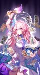  1girl absurdres aglaea_(honkai:_star_rail) anaxa_(honkai:_star_rail) arm_up armpits as_i've_written_(honkai:_star_rail) book breasts card castorice_(honkai:_star_rail) cerydra_(honkai:_star_rail) cipher_(honkai:_star_rail) cyrene_(demiurge)_(honkai:_star_rail) cyrene_(honkai:_star_rail) dan_heng_(honkai:_star_rail) dan_heng_(permansor_terrae)_(honkai:_star_rail) diamond-shaped_pupils diamond_(shape) dress evernight_(honkai:_star_rail) highres holding holding_book holding_quill honkai:_star_rail honkai_(series) hyacine_(honkai:_star_rail) hysilens_(honkai:_star_rail) large_breasts long_hair march_7th_(honkai:_star_rail) mydei_(honkai:_star_rail) open_book phainon_(honkai:_star_rail) pink_hair purple_eyes quill ruosnow solo symbol-shaped_pupils tarot tarot_card trianne_(honkai:_star_rail) tribbie_(honkai:_star_rail) trinnon_(honkai:_star_rail) very_long_hair white_dress 