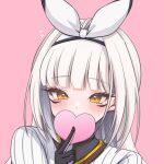  1girl baseball_uniform between_fingers black_gloves blanc_(nikke) blanc_(no._77_batter)_(nikke) blush chiji_komari commentary_request covered_mouth gloves goddess_of_victory:_nikke grey_hair hair_intakes hair_ribbon hairband hand_up heart holding long_hair looking_at_viewer orange_eyes pink_background ribbon shirt simple_background solo sportswear striped_clothes striped_shirt upper_body vertical-striped_clothes vertical-striped_shirt white_hairband white_ribbon white_shirt 