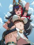  1girl :3 :d alternate_costume ancient_egyptian animal_ears black_hair blue_sky breasts cl_oor cloud commentary_request fangs from_below hair_between_eyes hair_ornament highres hololive jewelry large_breasts long_hair looking_at_viewer midriff multicolored_hair navel ookami_mio open_mouth pelvic_curtain red_hair sky smile tail tail_around_own_leg virtual_youtuber wolf_ears wolf_girl wolf_tail yellow_eyes 