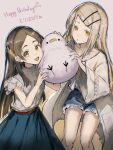  2girls animal belt bird blonde_hair blouse blue_shorts blue_skirt brown_eyes colored_eyelashes denim denim_shorts dewky feet_out_of_frame gakuen_idolmaster gift_art grey_background grey_robe hair_ornament hairclip hands_up happy_birthday holding holding_animal holding_bird idolmaster kuramoto_china laurels leaf_hair_ornament long_hair long_skirt long_sleeves looking_at_viewer multiple_girls open_clothes open_mouth open_robe orange_eyes parallel_hairclips parted_bangs parted_lips robe shinosawa_hiro shirt short_sleeves shorts skirt smile swept_bangs white_shirt wide_sleeves 