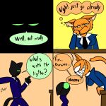 anthro chefrens comic dialogue domestic_cat duo english_text felid feline felis female feral fur green_eyes grey_body hi_res humanoid male male/female mammal onomatopoeia orange_body orange_fur senia_(chefrens) solo sound_effects text thought_bubble