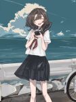  1girl :d ^_^ bicycle black_sailor_collar black_skirt blue_sky brown_hair camera closed_eyes cloud commentary_request day facing_viewer feet_out_of_frame guard_rail hands_up highres holding holding_camera horizon neckerchief noanoa-iroha ocean original outdoors pleated_skirt red_neckerchief sailor_collar school_uniform serafuku skirt sky smile solo standing 