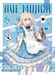  1girl alice_(alice_in_wonderland) alice_(alice_in_wonderland)_(cosplay) alternate_costume alternate_hairstyle apron ave_mujica_(bang_dream!) baguette bang_dream! basket blonde_hair blue_bow blue_dress bow bread card chinese_commentary club_(shape) commentary_request cosplay diamond_(shape) dress english_text feet_out_of_frame food frilled_dress frills hair_between_eyes hair_bow highres holding holding_basket long_hair looking_at_viewer migolu misumi_uika nuoweisenlin_tongren_gongzuoshi open_mouth playing_card puffy_short_sleeves puffy_sleeves purple_eyes ribbon short_sleeves smile solo spade_(shape) white_apron wrist_cuffs 