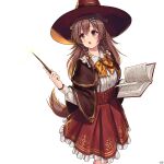  1girl :o absurdres alternate_headwear animal_ears artist_name blush bone_hair_ornament book bow bowtie brown_cape brown_capelet brown_eyes brown_hair brown_tail cape capelet center_frills commentary_request cowboy_shot dated dog_ears dog_girl dog_tail double-parted_bangs extra_ears frilled_shirt frilled_shirt_collar frilled_skirt frills grimoire hair_between_eyes hair_ornament hairclip hat high-waist_skirt highres holding holding_book holding_wand hololive inugami_korone inugami_korone_(street) long_hair long_sleeves looking_afar looking_to_the_side medium_skirt open_mouth parallel_hairclips paw_brooch plaid_bow plaid_bowtie plaid_clothes raised_eyebrows red_hat red_skirt shirt signature simple_background skirt solo tail transparent_background traveler_(artbbt) virtual_youtuber wand white_shirt witch witch_hat yellow_bow yellow_bowtie 