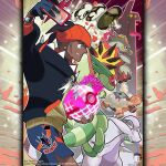  1boy aqua_eyes artist_name black_hair black_jacket blue_gloves blue_shorts bright_pupils closed_eyes closed_mouth commentary company_name copyright_notice dark-skinned_male dark_skin duraludon dynamax dynamax_ball dynamax_band english_commentary fingernails flygon forked_tongue from_side gigantamax gigantamax_duraludon gloves goodra green_eyes hat highres holding holding_poke_ball hood hooded_jacket jacket long_sleeves male_focus merchandise_available official_style open_mouth orange_hat outline poke_ball pokemon pokemon_(creature) pokemon_swsh pokemon_team raihan_(pokemon) red_clouds sandaconda short_hair shorts single_glove slime_(substance) smile smoke spikes tom_higgins tongue torkoal turtonator watermark white_outline white_pupils 