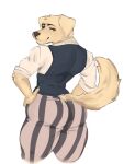 anthro beastars big_butt bird_dog black_eyebrows blue_clothing blue_topwear blue_vest bottomwear brown_eyes brown_nose butt canid canine canis clothed clothed_anthro clothed_male clothing dogahotx domestic_dog eyebrows fur golden_retriever grey_bottomwear grey_clothing grey_pants half-closed_eyes hi_res hunting_dog jack_(beastars) looking_back male mammal mouth_closed narrowed_eyes pants pattern_bottomwear pattern_clothing pattern_pants rear_view retriever shirt simple_background smile solo standing striped_bottomwear striped_clothing striped_pants stripes tail tan_body tan_fur tight_clothing topwear vest white_background white_clothing white_shirt white_topwear