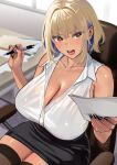  1girl bare_shoulders black_bra black_nails black_skirt black_thighhighs blonde_hair blue_hair blurry blurry_background blush bra bra_visible_through_clothes breasts brown_eyes chair cleavage collarbone collared_shirt colored_inner_hair cowboy_shot dark-skinned_female dark_skin desk dress_shirt eyelashes eyes_visible_through_hair from_above hair_intakes highres holding holding_paper holding_pen holding_pencil indoors jewelry lace-trimmed_bra lace_trim large_breasts looking_at_viewer mechanical_pencil miniskirt mole mole_on_breast multicolored_hair nail_polish necklace office_chair office_lady ooshima_aki open_mouth original paper partially_unbuttoned pen pencil pencil_skirt scowl see-through_clothes see-through_shirt shirt shirt_tucked_in short_hair sitting skindentation skirt sleeveless sleeveless_shirt solo swivel_chair tan teeth thighhighs third-party_source two-tone_hair underwear upper_teeth_only v-shaped_eyebrows white_shirt window wing_collar yellow_eyes zettai_ryouiki 