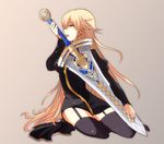  blonde_hair excalibur_(fate/prototype) fate/protoreplica fate/prototype fate/stay_night fate_(series) garter_straps genderswap genderswap_(mtf) gilgamesh highres licking long_hair red_eyes ryoku_(yoridori) simple_background sitting solo sword thighhighs weapon yokozuwari 