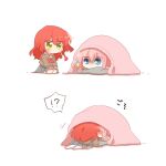  !? 2girls blue_eyes blush bocchi_the_rock! bow bowtie chibi chibi_only commentary_request full_body gotoh_hitori grey_skirt kita_ikuyo long_hair multiple_girls pillow pink_hair pleated_skirt rebecca_(keinelove) red_bow red_bowtie red_hair school_uniform shuka_high_school_uniform simple_background skirt under_covers white_background yellow_eyes 