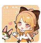  >_< 1girl animal artist_name bell black_bow black_bowtie border bow bowtie bowtie_cat calico_(pattern) calico_cat cherilynorz chibi chinese_commentary collared_shirt commentary_request cowboy_hat eyelashes fang hair_bow halftone halftone_background happy hat heart high_ponytail highres infinity_nikki light_blush long_hair neck_bell nikki_(series) nimble_cat_(infinity_nikki) notice_lines open_mouth orange_background orange_eyes orange_hair orange_scrunchie orange_skirt outline outside_border outstretched_hand ponytail scrunchie shirt skirt skirt_bow sleeveless sleeveless_shirt smile star_(symbol) star_in_eye striped_bow striped_bowtie striped_clothes symbol_in_eye traditional_bowtie very_long_hair white_border white_outline white_shirt wrist_scrunchie 