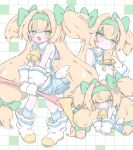  1girl :t absurdres anger_vein aqua_skirt aqua_socks bare_shoulders bell blazblue blonde_hair blue_trim blush_stickers boots bow buttons closed_mouth commentary_request fang gloves green_bow green_eyes green_hairband grid_background hair_bow hair_intakes hairband hand_on_own_chest heart heart-shaped_pupils highres holding holding_staff izumi_(yura_izumi) long_hair low-tied_long_hair low_wings mage_staff miniskirt multiple_hair_bows multiple_views neck_bell open_mouth pigeon-toed platinum_the_trinity quad_tails shirt skin_fang skirt sleeveless sleeveless_shirt socks staff symbol-shaped_pupils two_side_up very_long_hair white_boots white_gloves white_shirt wings 