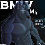abs anthro biceps black_body black_fur black_hair black_nose blue_eyes bmw canid canine canis car digital_media_(artwork) domestic_dog fingers fur glowing glowing_eyes grandpaman hair hi_res looking_at_viewer male mammal muscular muscular_male nails simple_background solo teeth teeth_showing text vehicle