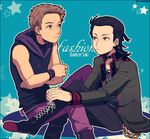  alternate_costume avengers black_hair blue_eyes boots brown_hair chain clint_barton cross cross_earrings earrings green_eyes hawkeye_(marvel) hood hoodie jewelry laphy loki_(marvel) multiple_boys sleeveless 