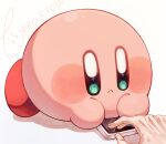  1other :< blush cellphone closed_mouth commentary_request green_eyes highres kirby kirby_(series) phone signature simple_background smartphone solo_focus tokkakyou white_background 