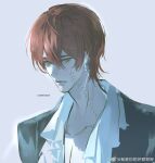  1boy bad_source black_jacket closed_mouth collarbone collared_shirt ear_piercing earrings expressionless grey_background highres jacket jewelry looking_at_viewer male_focus multiple_piercings original piercing pulppunk001 red_hair scar scar_on_face scar_on_neck shirt short_hair simple_background solo upper_body watermark weibo_username weibo_watermark white_shirt yellow_eyes 