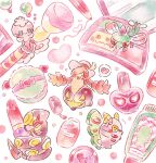  arbok colored_pencil colored_pencil_(medium) commentary_request cosmetics dustox frillish frillish_(female) gourgeist highres lipstick makeup makeup_palette mimikyu musical_note nail_polish_bottle no_humans painting_(medium) pencil pink_theme pokemon pokemon_(creature) powder_puff seviper simple_background traditional_media watercolor_(medium) white_background wobbuffet woobat yanmega yukichi_0611 