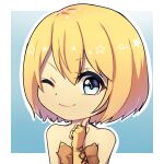  1girl blonde_hair blue_background blue_eyes bob_cut border bow deformed gloves gradient_background looking_at_viewer non-web_source official_art one_eye_closed outline portrait short_hair simple_background strapless taiyo_ami utau white_border white_outline yellow_bow yellow_gloves yen-mi 
