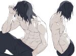  1boy abs aizawa_shota black_hair body_hair boku_no_hero_academia commentary commentary_request elbow_on_knee facial_hair hair_over_one_eye hand_in_pocket male_focus medium_hair mudani_narimasu multiple_views navel nipples parted_lips pectorals scar solo toned toned_male topless_male upper_body white_background 
