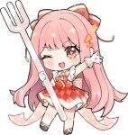  +_+ 1girl argyle_bow argyle_clothes argyle_skirt back_bow bare_legs bare_shoulders beads bow bowtie brooch brown_eyes brown_shoes cherilynorz chibi chinese_commentary collared_shirt commentary_request dress_shirt eyelashes floral_memory_(infinity_nikki) fork frilled_gloves frilled_shirt frills gloves hair_bow happy high-waist_skirt highres holding holding_fork infinity_nikki jewelry kfc light_blush long_hair looking_at_viewer miniskirt nikki_(nikki) nikki_(series) notice_lines official_alternate_color one_eye_closed open_mouth outstretched_arm oversized_object pink_bow pink_hair pleated_skirt red_bow red_bowtie red_skirt shirt shoes single_stripe skirt sleeveless sleeveless_shirt smile socks solo sparkling_eyes standing star_(symbol) star_in_eye straight_hair striped_bow striped_bowtie striped_clothes symbol_in_eye tareme transparent_background variant_set very_long_hair white_gloves white_shirt white_socks 