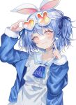  1girl :3 adjusting_eyewear animal_ears arm_up blue_hair blue_jacket blue_neckerchief blue_ribbon blush choker closed_mouth collarbone commentary_request dress eyewear_on_head fuinagi_(huyuu_mm) fur-trimmed_sleeves fur_trim hair_ribbon hand_up heart heart-shaped_eyewear highres hololive index_finger_raised jacket long_sleeves looking_at_viewer neckerchief open_clothes open_jacket rabbit-shaped_eyewear rabbit_ears rabbit_girl ribbon sailor_collar sailor_dress short_hair simple_background smile solo sunglasses thick_eyebrows tinted_eyewear two_side_up upper_body usada_pekora virtual_youtuber white_background white_choker white_dress white_sailor_collar yellow-tinted_eyewear yellow_eyes 