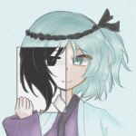  1other black_headband blue_background blue_eyes blue_hair blue_jacket chinese_commentary closed_mouth commentary_request compass_(xinjinjumin6687443) eyes_visible_through_hair fujiwara_no_iyozane fujiwara_no_iyozane_(past) hachimaki haori happy headband holding holding_paper jacket jacket_on_shoulders japanese_clothes kimono len'en looking_at_viewer medium_hair one_side_up other_focus paper purple_kimono revealing_layer simple_background smile solo tsurime upper_body 