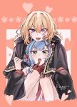  2girls aver_(yumenokessho) bang_dream! bang_dream!_it's_mygo!!!!! black_capelet blonde_hair blue_hair capelet chinese_commentary commentary_request doloris_(bang_dream!) facial_mark fangs gloves hair_between_eyes hair_ornament hairclip heart highres legs_up medium_hair misumi_uika multiple_girls open_mouth purple_eyes red_gloves sitting_between_lap sweets_paradise togawa_sakiko yellow_eyes yoyoray20001996 yuri 